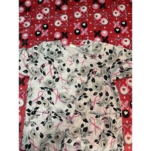TAFFORD Scrub Top Women Size S Pink Ribbons & Gray Roses V-Neck Cotton Pullover